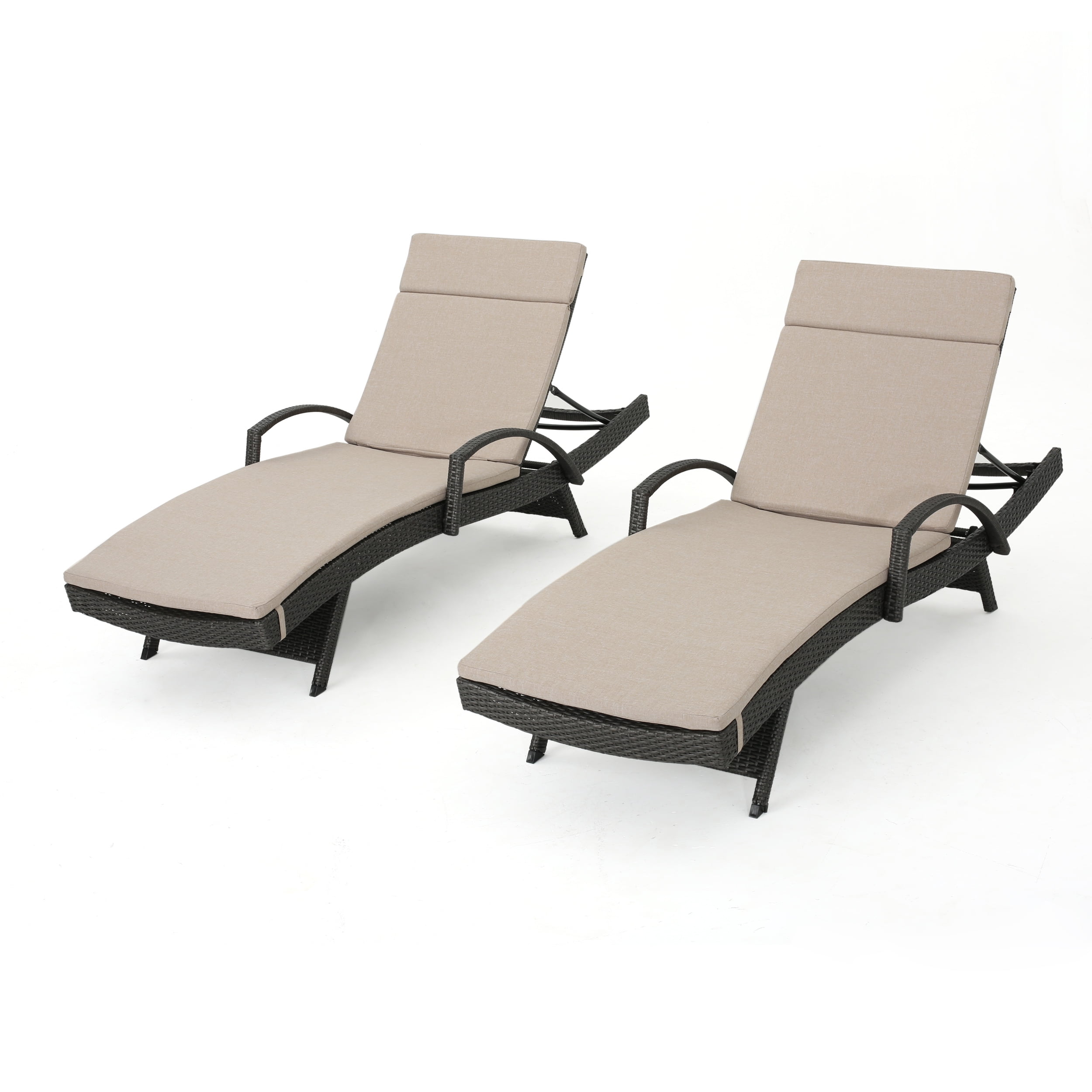 Anthony Outdoor Wicker Armed Chaise Lounges with Cushions, Set of 2, Grey, Textured Beige