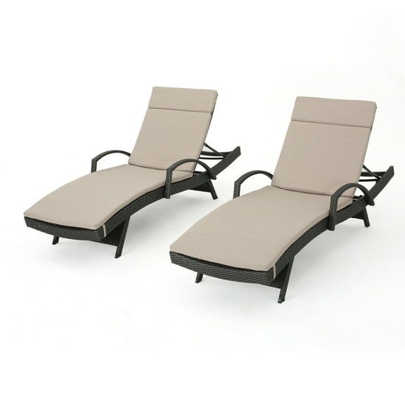 GDF Studio Olivia Outdoor Wicker Adjustable Chaise Lounges with Cushion, Set of 2, Gray and Textured Beige