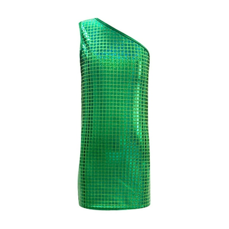 green holographic dress EliteGoogv Girls One Shoulder Sequin Dress Holographic Square Print  Sleeveless Bodycon Mini Dress For Party Dance Performance,Green,130