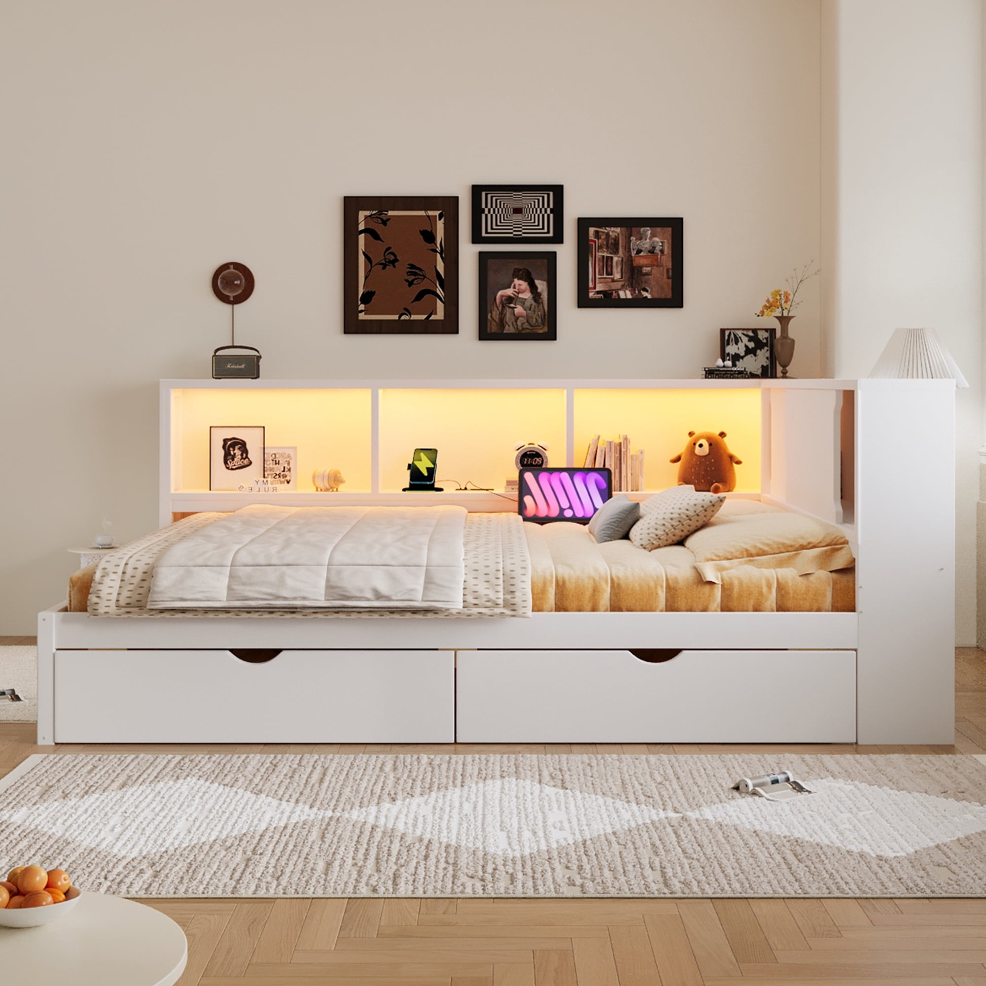 Euroco Wood Queen Size Daybed with Storage Shelves and Drawers, USB Ports and LED Light, White