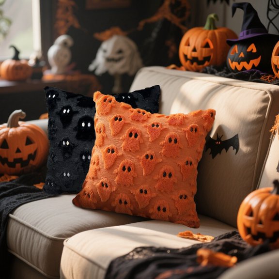Festive Ghost Pattern Plush Pillow Case Soft Faux Wool Cushion Cover for Halloween Home Living Room Sofa Couch Office Decoration, 18x18 Inch