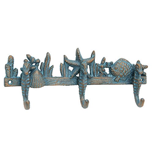 Stonebriar Crochet Mural Décoratif en Fonte Hippocampe, Design Nautique Unique, Turquoise avec Mèches en Bronze, pour Entrée