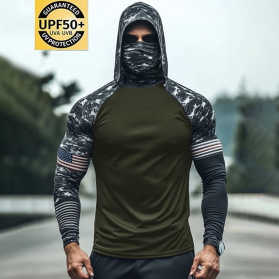 LONKITO UPF 50 Mens Sunscreen Hoodie UV Sun Protection Long Sleeve Shirts with A Mask Independent Day Clothes for Outdoor Hiking Size S