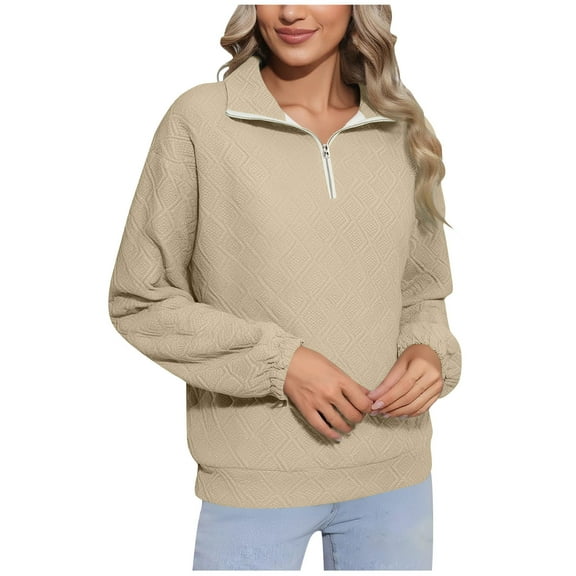 Womens Zip Up Sweatshirt, Long Sleeve Pullover for Women Fall Fashion Loose Fit Solid Color V Neck Thin Sweaters