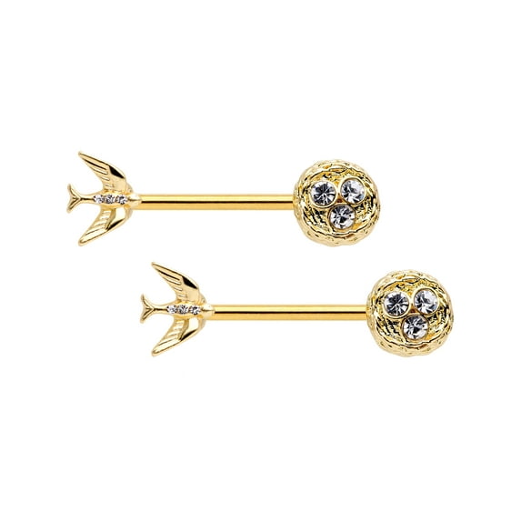 Body Candy 14G Womens Nipplerings Piercing 9/16" PVD Steel 2Pc Clear Accent Birds Nest Nipple Ring Set 14mm
