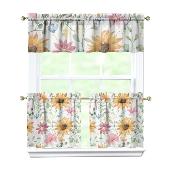 3 PCS Sunflower Kitchen Curtains Set with Valance - Boho Floral Farmhouse Tier Window Curtains 54x18 & 27.5x24 Inch, Rod Pocket Rustic Country Caf Curtains