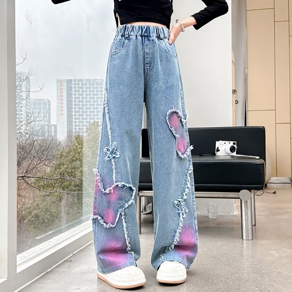 XIMIN Girls Wide Leg Jeans Denim Elastic Wasit Baggy Ripped Distressed Pants Cool Ripped Jeans Washed Kids Star Heart Butterfly Pants Aesthetic Streetwear Gothic Clothing