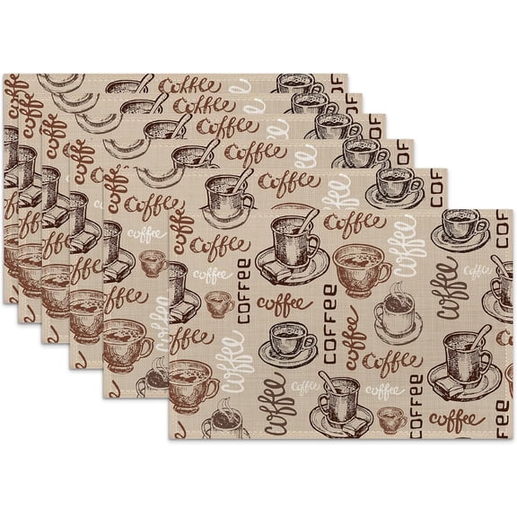 Coffee Theme Linen Placemats Set of 6,12x18 Inch Vintage Coffee Cup Washable Table Mats Heat Resistant Place Mats for Home Party Kitchen Dining Decoration