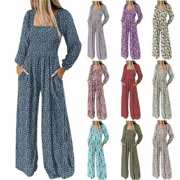 QATAINLAV Women's One Piece Long Sleeve Jumpsuits Casual Loose Wide Leg Overalls Fashion Floral Print Rompers with Pockets Purple S Today Sales