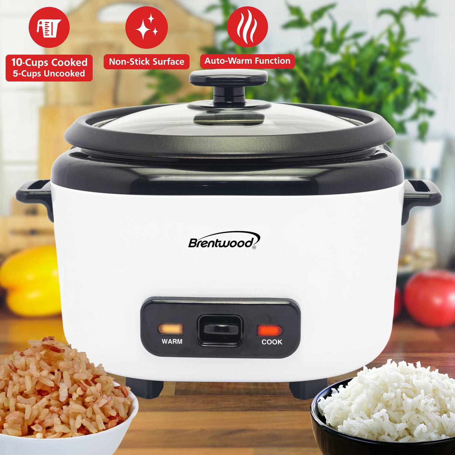 Brentwood 5-Cups Uncooked/10-Cups Cooked Electric Rice Cooker with Measuring Cup and Spatula, White, RC-5010W