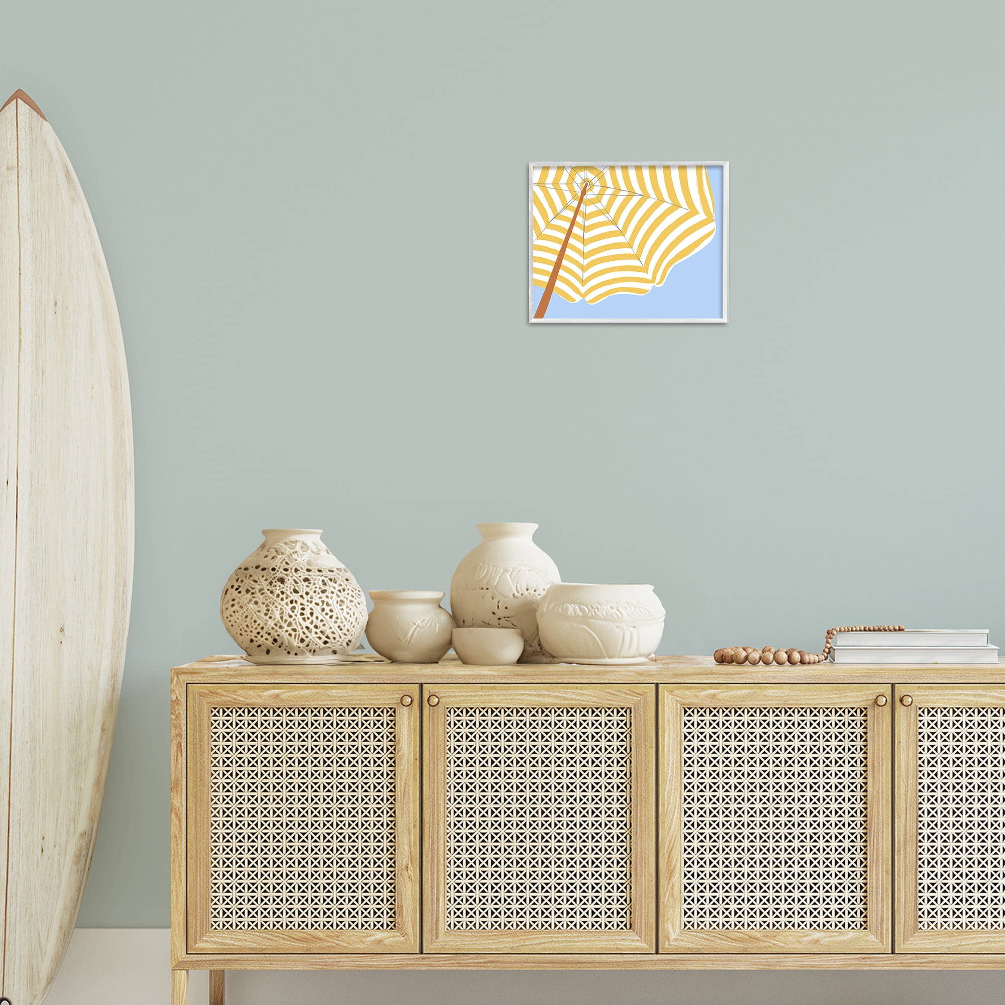 Stupell Industries Yellow & White Umbrella Coastal Painting White Framed Art Print Wall Art, 14 x 11
