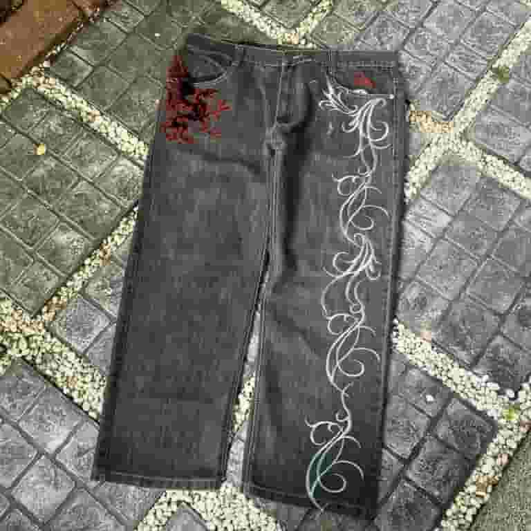 Street Vintage Harajuku Pattern Black Baggy Jeans Y2K Hip Street Vintage Harajuku Pattern Black Baggy Jeans Y2K Hip