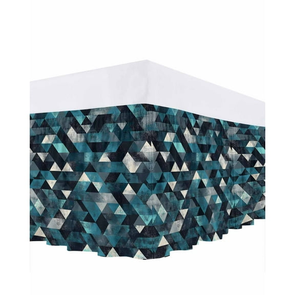 Color Block Bed Skirt King Size 16" Drop Blue White Check Abstract Texture Ruffled Wrap Around Bed Skirts Adjustable Elastic Bedskirt Dust Ruffle for King Size Bed