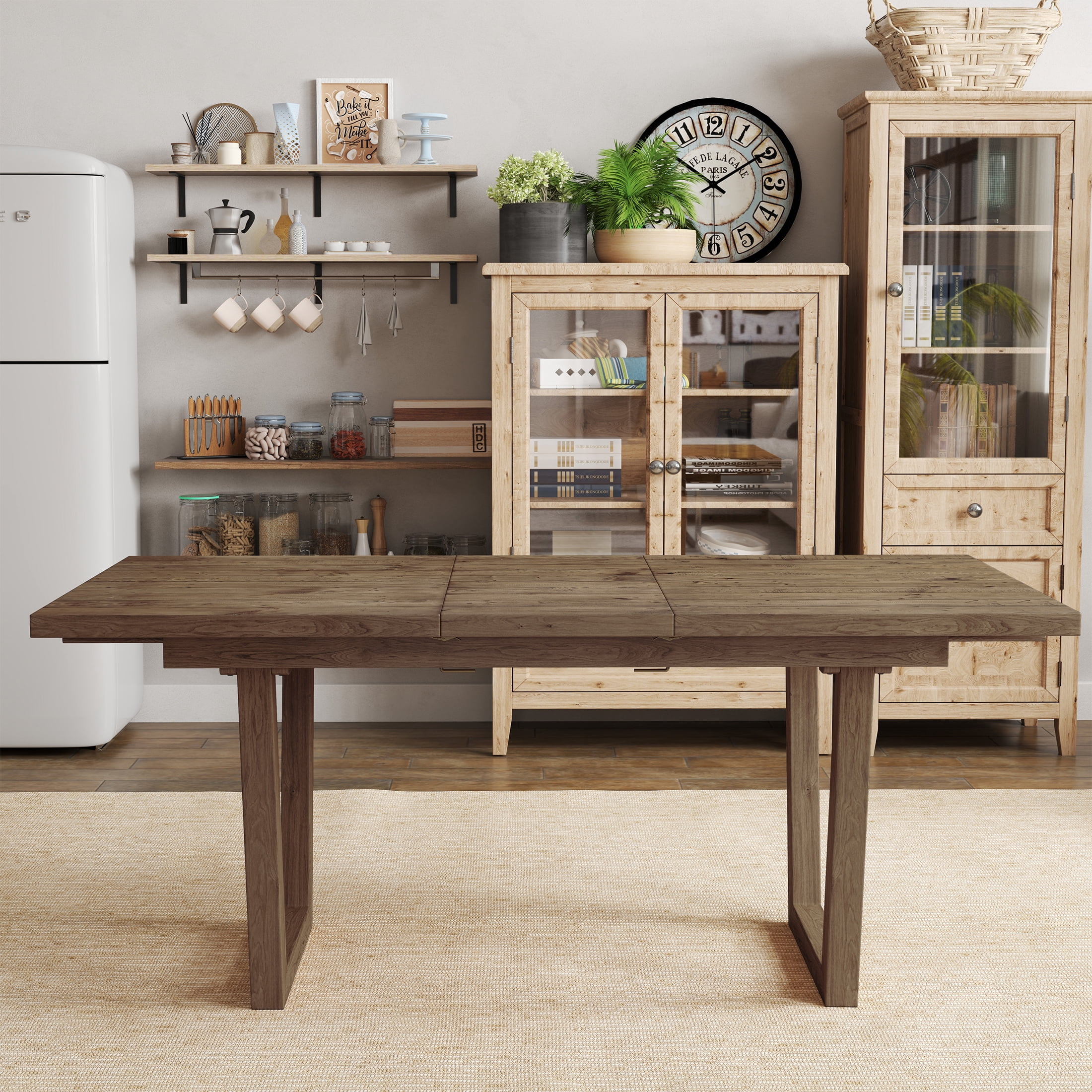 Guyou 55"-71" Extendable Dining Table, Farmhouse Rectangular Kitchen Table for 6-8 People, Solid Wood Rustic Dinner Table for Kitchen Dining Room, Natural