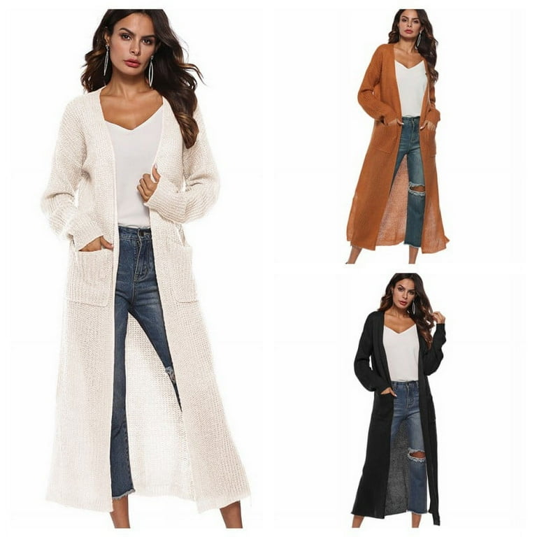 Women s Casual Long Open Front Drape Thick Knit Sweater Mid Calf Length Long Sleeve Cardigan Outwear with Pockets Solid Color Loose Knit Lightweight Sweaters Side Slits Up to The Knee S XXL
