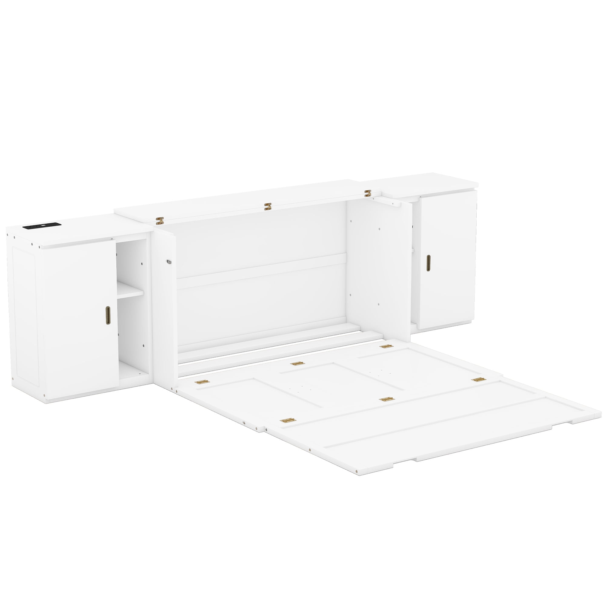 Euroco Wood Queen Size Murphy Bed with USB Charging Station, Convertible Floor Bed with Shelves for Kids Adult, White