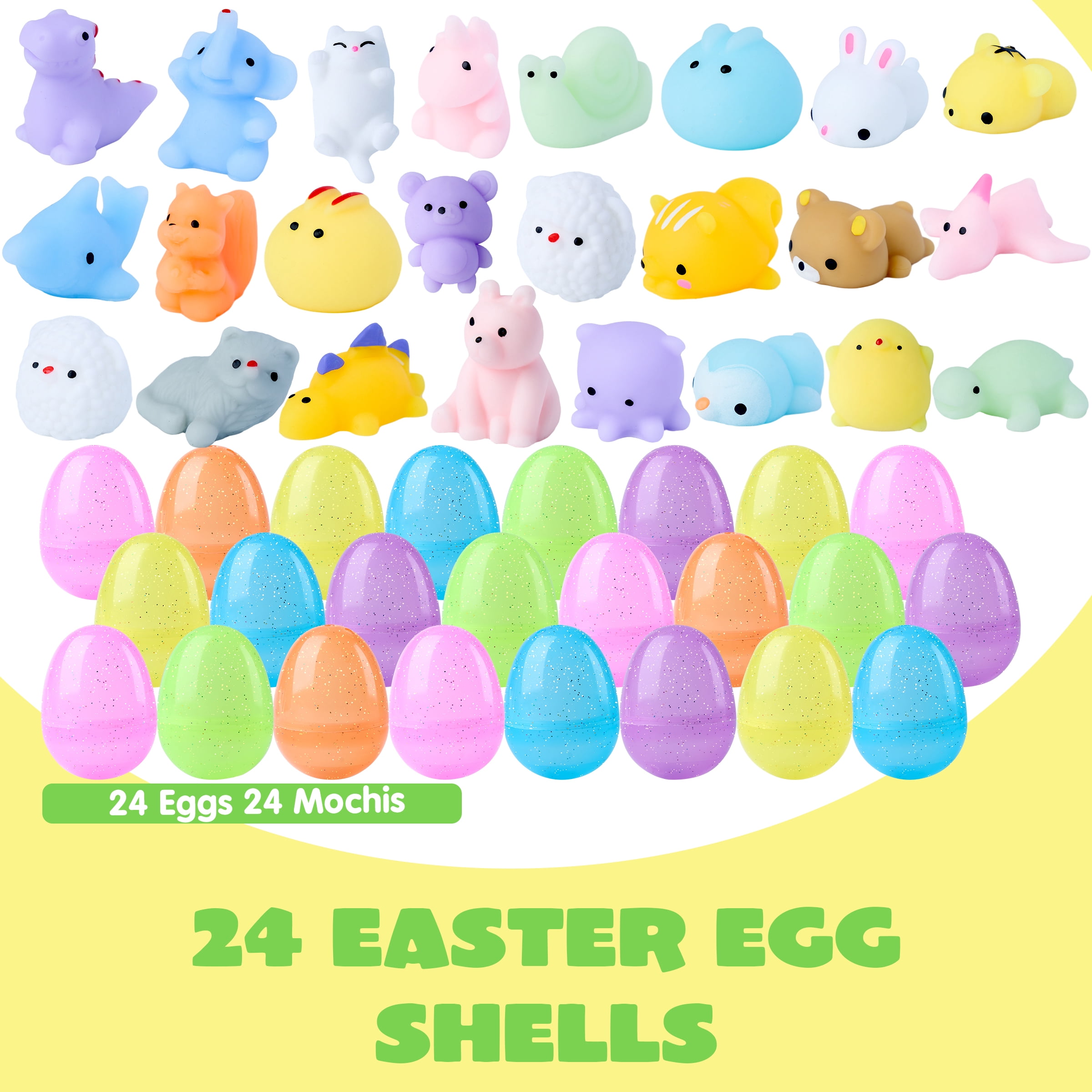 Joyfy 24 Pack Prefilled Glitter Easter Eggs with Toys,Mochi Squishy Small Toys for Easter Eggs,Stuffed Easter Baskets for Toddler Kids