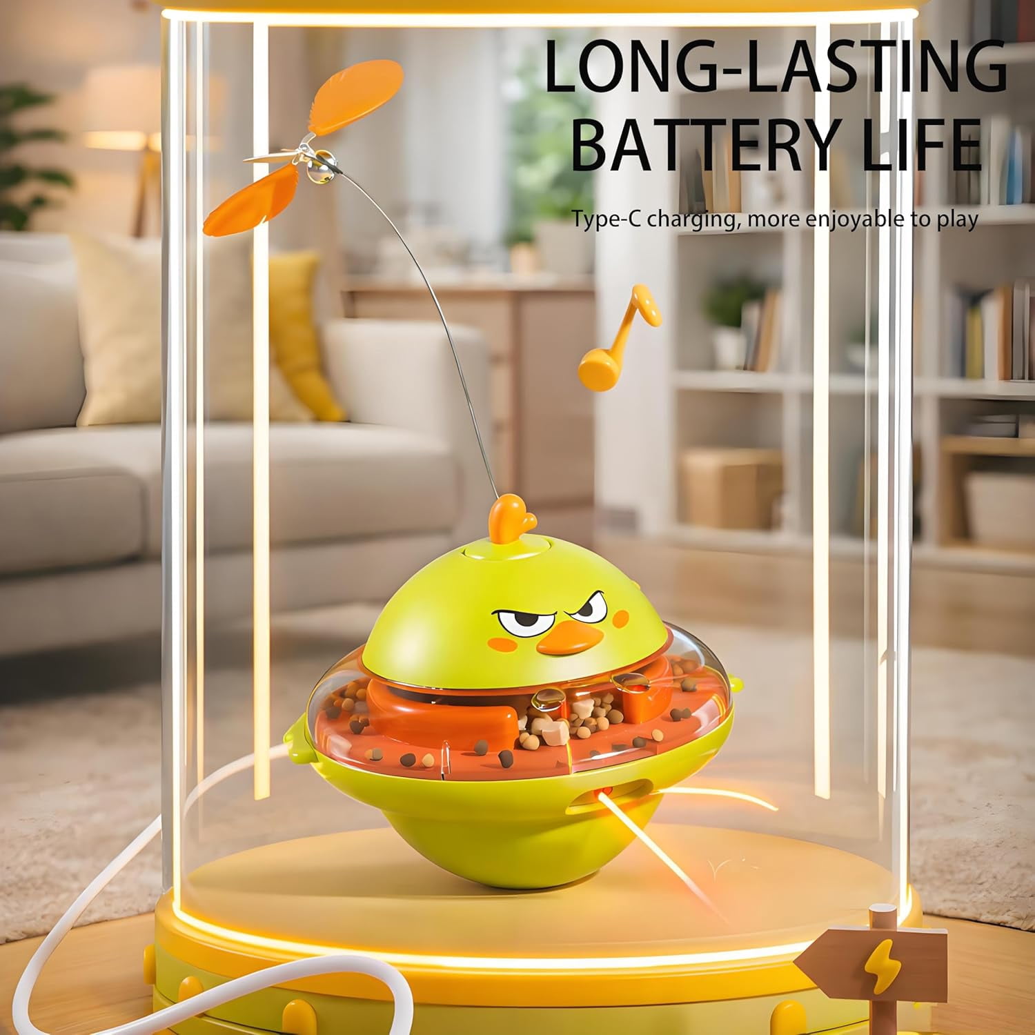 4-in-1 Automatic Cat Interactive Toy, Self-Balancing Spinning Laser Pointer w/Feather Teaser&Treat Dispenser, Bird Chirping, 360 °   Rotation, Quad-Sensory Boredom Relief for Indoor Cats