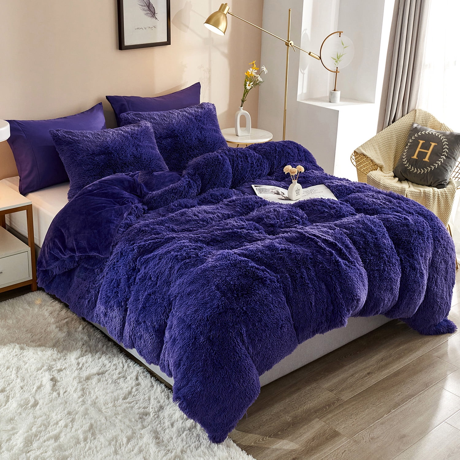 HAOK King Plush Shaggy Duvet Cover Set With 2 Pillow Shams,2 Pillowcases,5  Piece,Purple