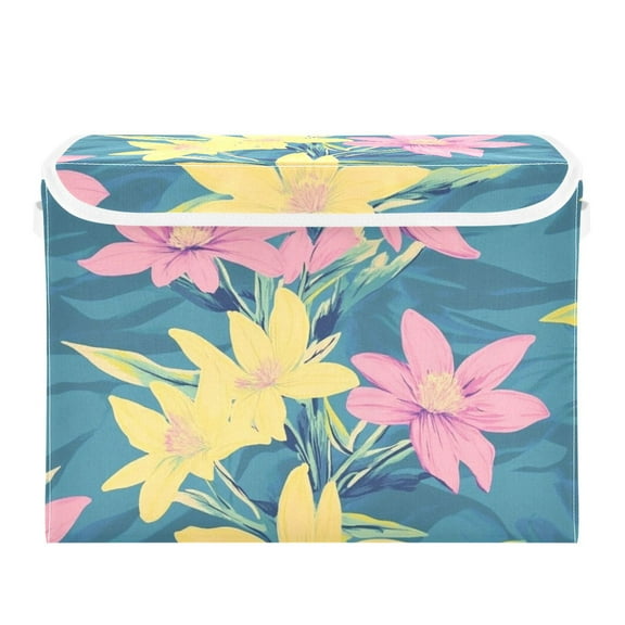 Pink and Yellow Flowers Large Storage Bins with Linen Collapsible Lid Storage Box 16.7 x 12.6 x 11.8in