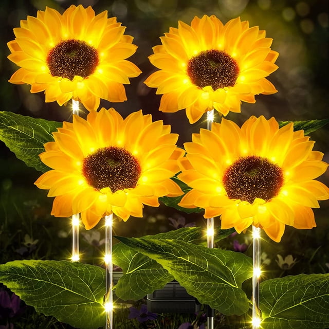 Luces solares para exteriores, decoración de jardín, paquete de 4 luces solares para jardín con girasol más grande y LED brillante, decoraciones impermeables para patio, luces solares decorativas