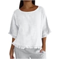 thumbnail image 2 of Women T Shirts Summer Tops Solid Cotton and Linen Ruffle Pleated Hem Tops Round Neck Casual Shirt Tops Comfortable Shirts, 2 of 8