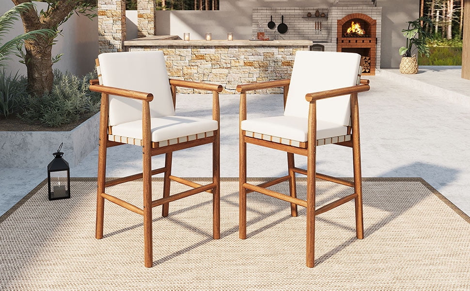 Outdoor Bar Stools Set of 2, Counter Height Acacia Wood Seats for Patio Pool, Beige