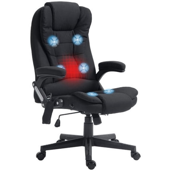 6 Point Vibrating Massage Office Chair with Heat, Linen High Back Executive Office Chair with Reclining Backrest, Padded Armrests and Remote, Black