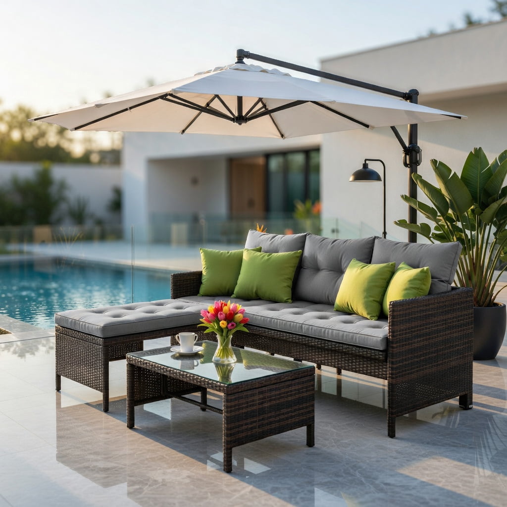 Hommoo 3-Piece Outdoor Wicker Patio Sofa Set with Tempered Glass Coffee Table, L-Shaped Sectional for Backyard, Deck or Balcony, Gray