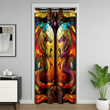 Dragon Doorway Curtain 1 Panel 80"x52", Western Magical Dragon Mystic Animal Decorative Door Curtain for Closet,Retro Castle Stained Glass Geometric Patchwork Door Drape for Room Privacy