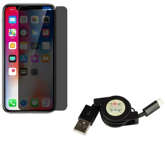 iPhone XS/X - Tempered Glass Privacy Screen Protector w Retractable USB Cable - Curved Anti-Spy Anti-Peep 3D Edge Case Friendly, Charger Power Cord Sync Wire Fast Charge