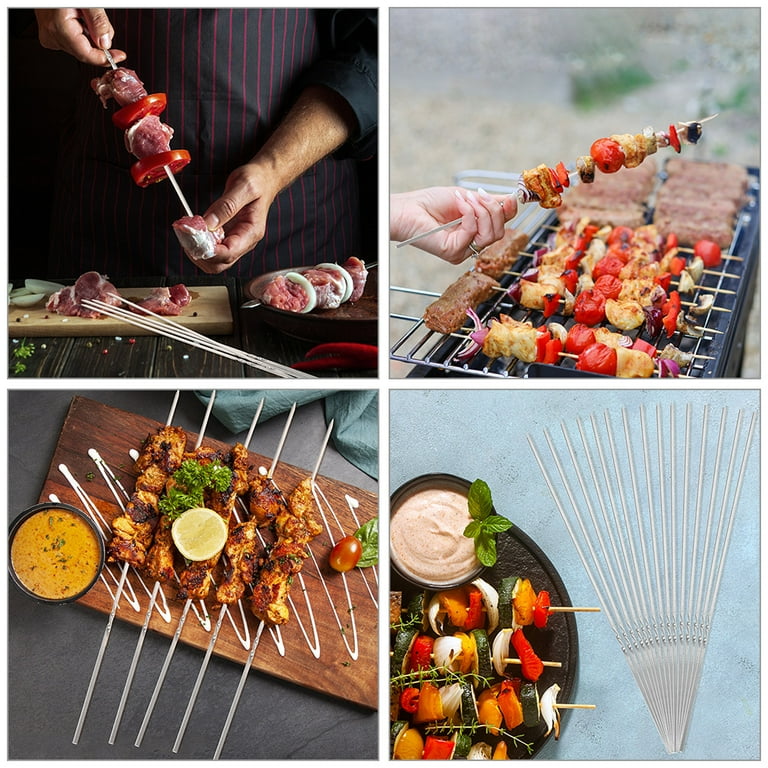 20 Pcs BBQ Steel Skewers Flat for Meat Fondue Outdoor Grilling Metal Barbecue Long