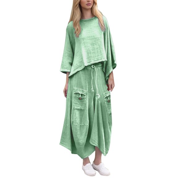 Gaexia Women's Casual Long Skirt Suit Set Loose Fit Solid Color Two Piece Outfit Comfortable Elegant Wear Summer Fashion,L,Green