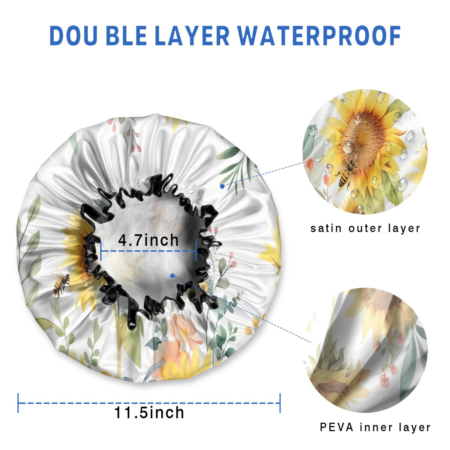 Shower Caps,White Butterfly Bee Sunflower Pattern Waterproof Shower Cap for Women 4 Pieces,Double Reusable Hair Cover for Shower PEVA Elastic Stretch Hem