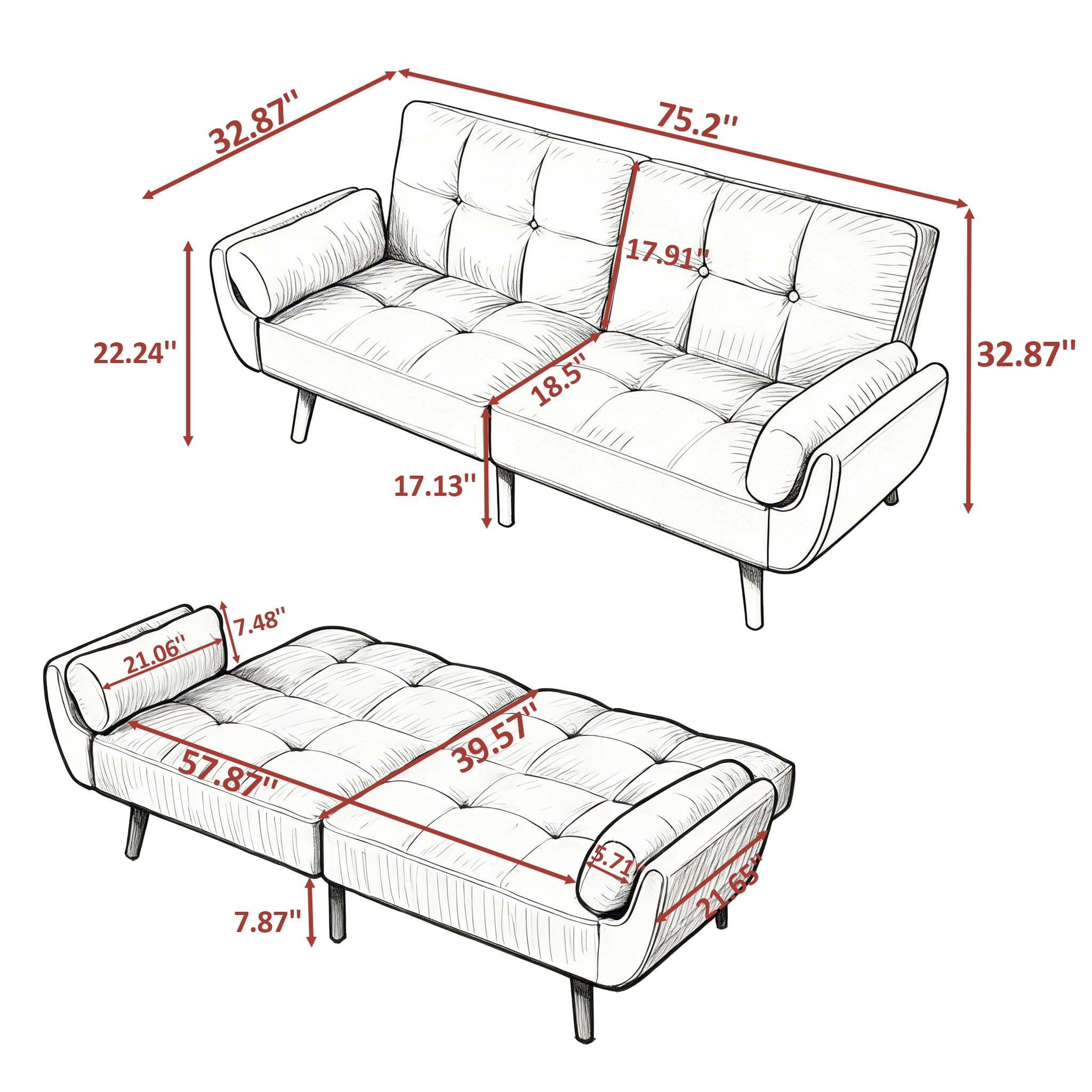 BSHTI 75.2" Linen Convertible Futon Sofa Bed with Split Back & 3-Position Adjustment, Tufted Design, Flared Arms, for Living Room & Guest Room,Blue