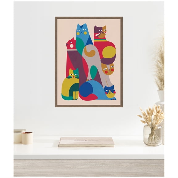 Kate and Laurel Framed Canvas Wall Art Print Abstract Retro Modern Cats 02 by Rachel Lee, 18 x 24 Sylvie Walnut Frame, Whimsical, Abstract Art for Wall Decor