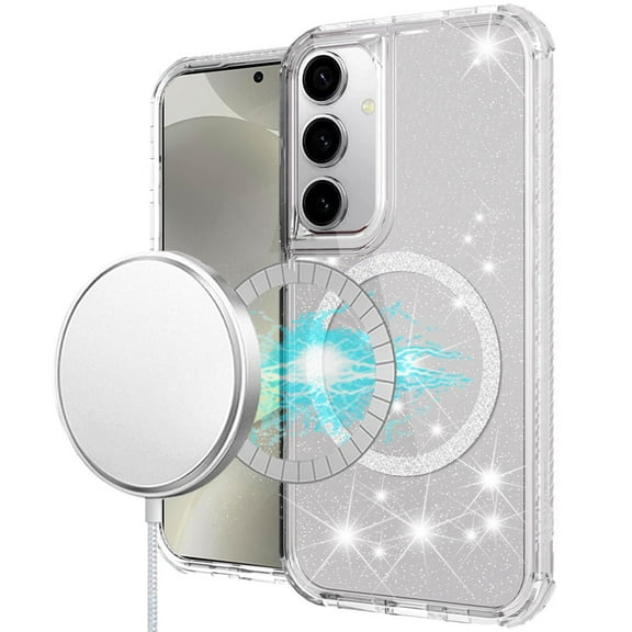 For Samsung s25 Plus/s24 Plus Magnetic Ring Glitter 3in1 Hybrid Case Cover - Clear
