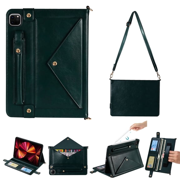 TECH CIRCLE Multifunctional Case for iPad Pro 12.9" Tablets - Heavy Duty Protection Leather Folio Wallet Case with Stand /Card Slots /Holders /Pencil Holder /Hand Strap /Shoulder Strap,Dark Green