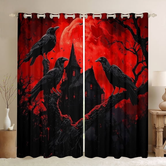 Feelyou Magic Black Crow Black Out Curtains for Kid, Gothic Halloween Castle Curtains Pack of 2 (42x63 Each), Spooky Style Bedroom Curtains, Blackout Curtains Room Decor