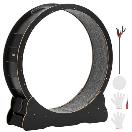 KFFKFF Wooden Cat Exercise Wheel, 48-inch Running Wheel for Indoor Cats up to 28 lbs, Treadmill with Carpeted Surface & Locking System, Quiet Fitness Toy for Pets, Black