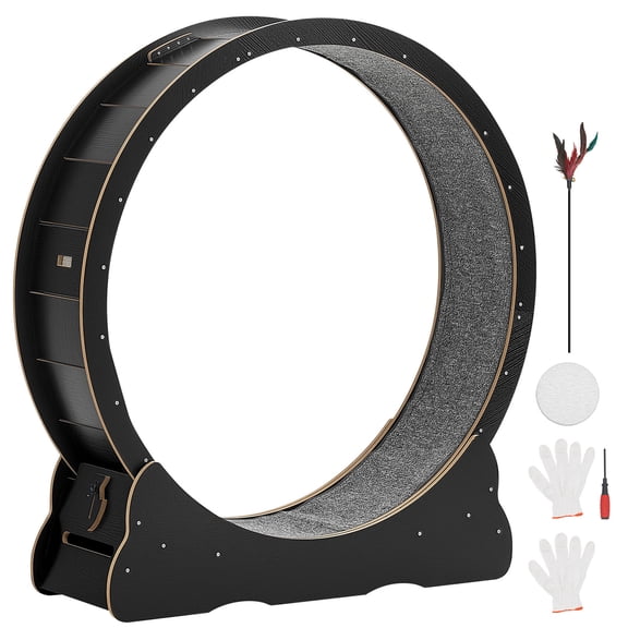 KFFKFF Wooden Cat Exercise Wheel, 48-inch Running Wheel for Indoor Cats up to 28 lbs, Treadmill with Carpeted Surface & Locking System, Quiet Fitness Toy for Pets, Black