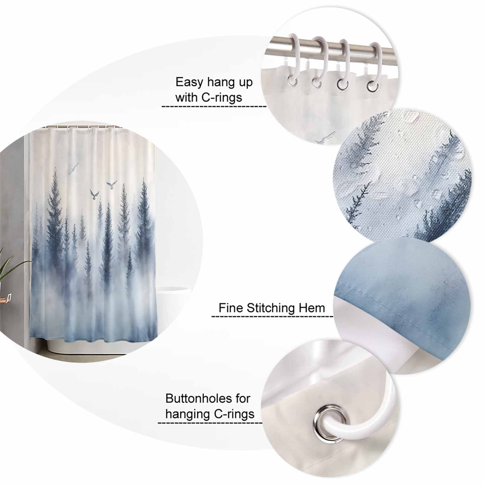 Extra Long Shower Curtain 72x84 Inch, Mountain Peak Shower Curtain Waterproof Bathroom Decor Forest Tree Scene Watercolor Style Fabric Bath Curtain Set Accessories with Hooks