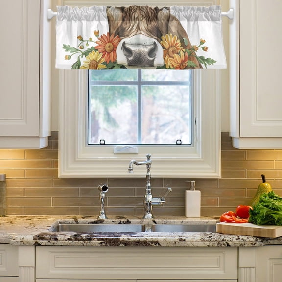 Flowers with Cow Curtain Valances Farmhouse Design Window Treatment Decor Blackout Rod Pocket for Windows Living Room Kitchen 54" x 18"