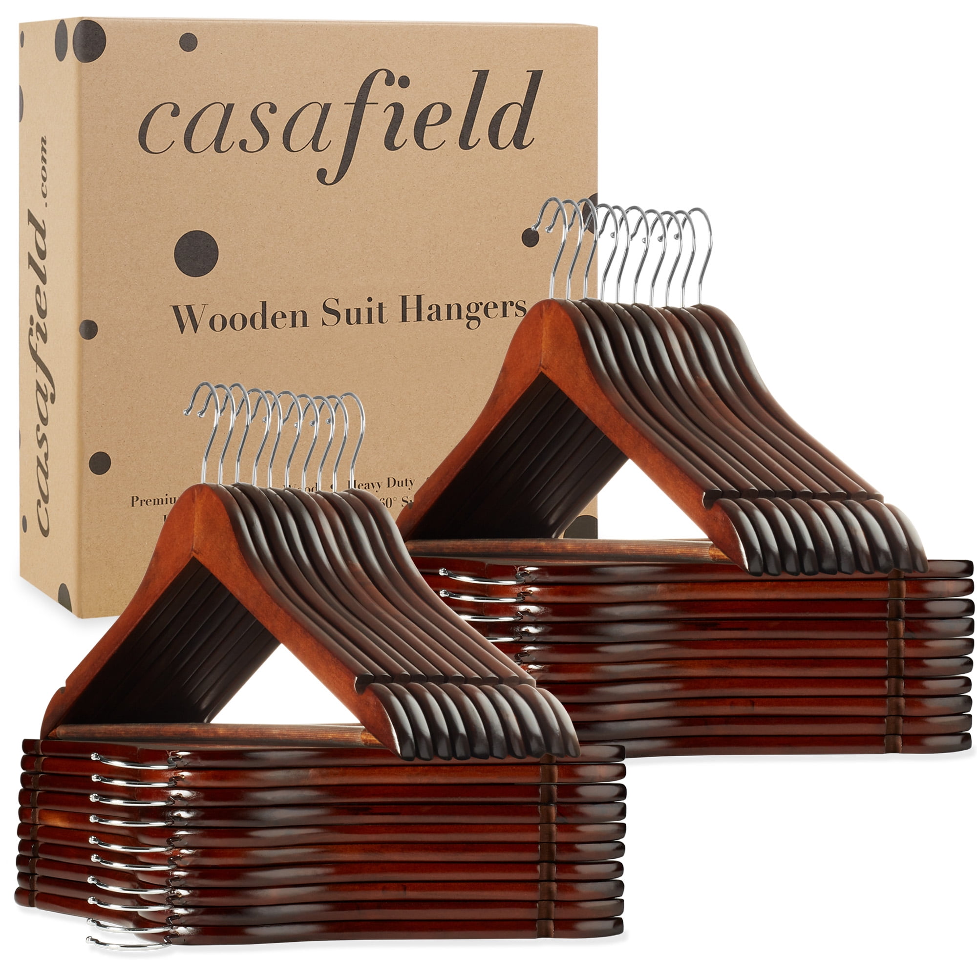 Casafield 40 Wooden Suit Hangers, Walnut - Non-Slip Pant Bar & Swivel Hook