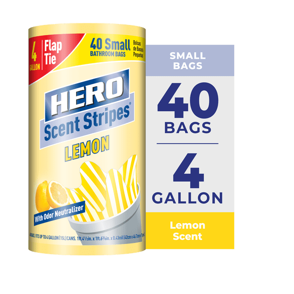 Hero Scent Stripes 4-Gallon, Lemon Scented, Small Flap Tie Trash Bags, 40 Count