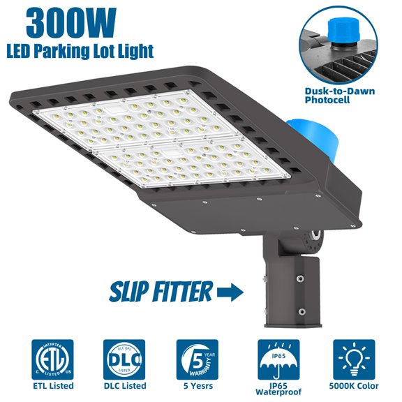 300 Watt LED Parking Lot Light with Photocell Dusk to Dawn 5500K White,39000lm,150 Degree Beam Angle