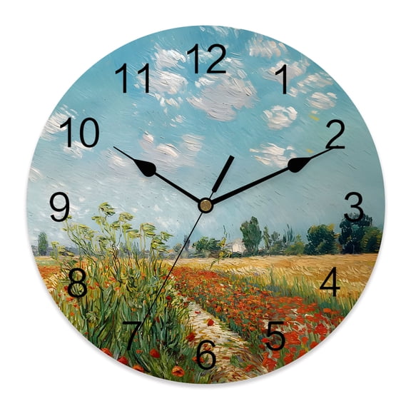 Wall Clock Wildflower Field Clocks PVC Silent Non-Ticking Battery Operated Decorative Farmhouse Red Poppy Oil Painting Round Clock for Home Living Room Kitchen Bedroom Office Wall Decor 10 Inch