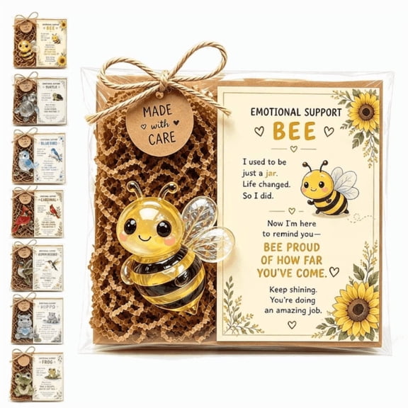 Emotional Support Glass Animal Gift, Recycled Glass Pocket Hug with Encouragement Card for Desk Decor, Stress Relief, Mini Figurine Keepsake for Friends and Family (Bees)