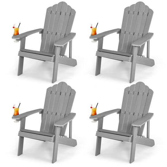 Topbuy 4PCS Adirondack Chair HIPS Adirondack Chair w/Cup Holder Realistic Wood Grain Weather Resistant Outdoor Chair for  380 LBS Weight Capacity Light Grey