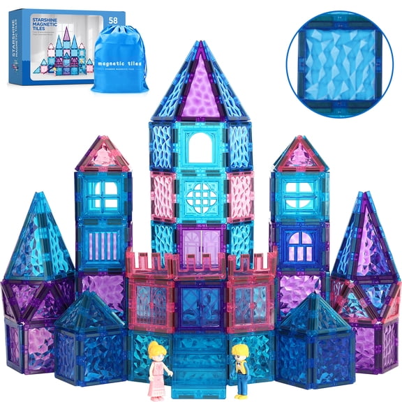 FunMagic Magnetic Tiles, Shining Sparkle Magnetic Toys for Girls 3D Diamond Magnetic Building Blocks with 2 Dolls, STEM Sensory Educational Toys for Toddlers Kids